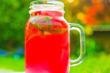 Karpuz içeceği. Karpuz tatlısı. Stevie ile yaz karpuz içeceği. Bardakta buzlu kokteyl ile soğutulmuş soğutma. Yaz bahçesinde düşük kalorili karpuz içeceği..