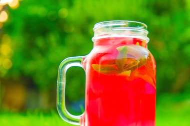 Stevie ile yaz karpuz içeceği. Bardakta buzlu kokteyl ile soğutulmuş soğutma. Yaz bahçesinde düşük kalorili karpuz içeceği..