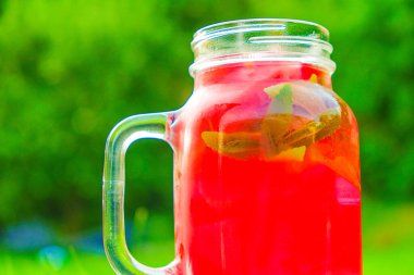 Karpuz diyeti. Smmer içecek. Karpuz tatlısı. Deniz mahsullü karpuz içeceği. Cam sisli bardakta buzlu kokteyl ile soğutma.