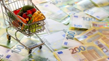 Avrupa 'da gıda sepeti. Avro banknotları üzerine alışveriş yapan dekoratif süpermarket arabası. Yiyecek krizi. Avrupa Birliği 'nde artan gıda fiyatları. Yüksek kalite 4k görüntü