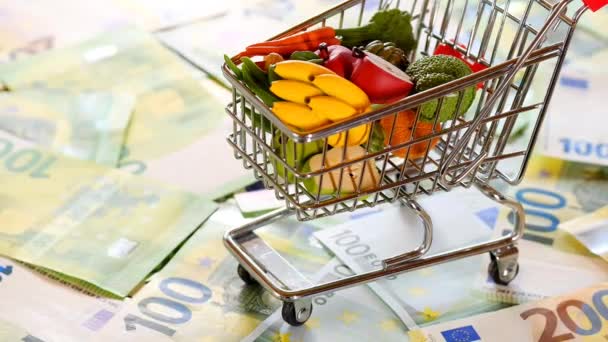 欧洲的口粮篮 粮食危机 欧盟不断上涨的食品价格 带有食品杂货的装饰超市购物车 欧元区的食品篮 高质量的4K镜头 — 图库视频影像