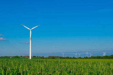 Yeşil çimenlikteki rüzgar jeneratörü. Mavi gökyüzünde yel değirmeni. Yenilenebilir enerji. Alternatif enerji kaynakları..