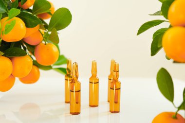 C vitamini vitamini, C vitamini ve arka planda mandalina çalıları. Güzellik ve sağlık. Yeşil yapraklı narenciye..