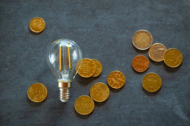 Electricity cost.Rising electricity prices in Europe.Saving electricity concept. Light bulb and euro coins on black chalk board.Crisis of energy production in the EU countries.