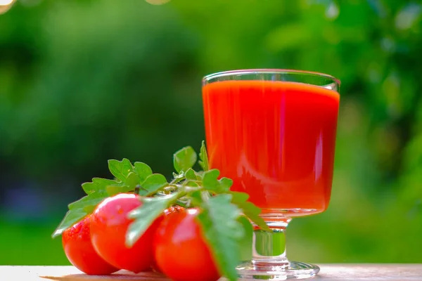 Tomato juice in a glass goblet and red tomatoes on a green summer garden background.Vegetable natural juices. Red tomato organic juice
