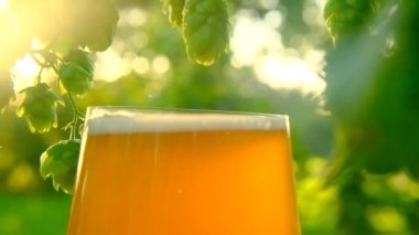 Beer glass on a hop plantation background.Soft light. soft focus. Beer and green hop cones close-up in the rays of sunlight.Raw materials for the production of beer. Rising prices drink.slow motion