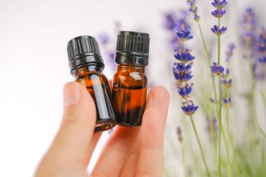 Lavender essential oil in brown glass bottles in a female hand and lavender flowers on a white background.Essence with lavender scent. Aromatherapy and massage.Cosmetics with lavender extract 