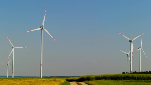Generatory Wiatrowe Polach Obroty Łopat Generatorów Wiatrowych Naturalne Odnawialne Czyste — Wideo stockowe