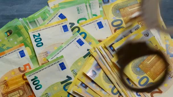 Economic Crimes Handcuffs Falling Euro Bills Background Slow Motion Arrest — стоковое видео