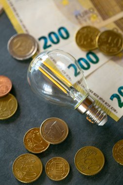 Elektrik faturası. Ampul, avro banknotları ve kara tebeşir tahtasındaki madeni paralar. Avrupa 'da elektrik fiyatlarının yükseltilmesi. Elektrik kavramının korunması.