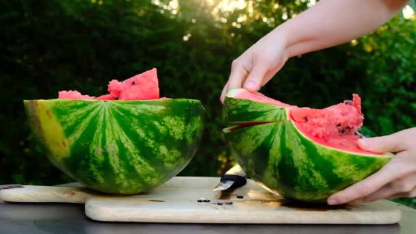 Watermelon Season Womans Hand Breaks Piece Watermelon Watermelon Drops Splashes — стоковое видео