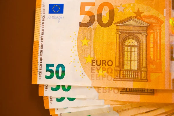 Euro Money Money Background Euros Banknotes Pack Set Brown Background — Zdjęcie stockowe