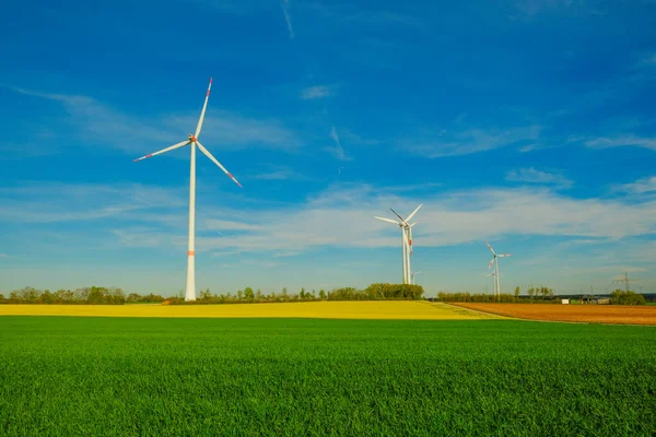 Wind energy.Windmills in a field on a sky background.Wind generators. Natural energy.Alternative energy sources.Natural renewable clean eco energy.