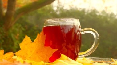 Autumn tea.Steam over a mug of hot tea. Tea drinking in the garden on a sunny autumn day. Cozy tea party in the autumn garden. 4k footage