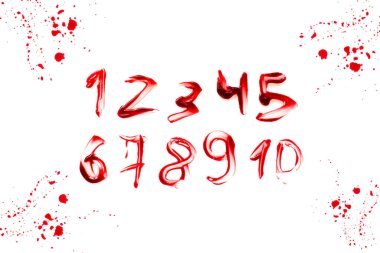  numbers in a red bloody frame made of bloody smudges and drops.numbers written in blood. Horror and crime.Halloween alphabet. Crime alphabet.