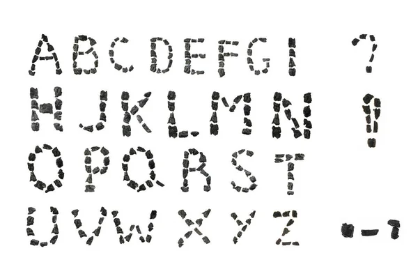 Αλφάβητο Άνθρακα Απομονώνονται Λευκό Φόντο Κάρβουνο Γραμματοσειρά Γράμματα Από Κομμάτια — Φωτογραφία Αρχείου