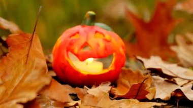 Jack pumpkin lantern with a lit candle and slowly falling autumn leaves.Halloween festive background. Slow motion.Halloween season. High quality 4k footage