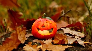 Halloween holiday.Jack pumpkin lantern with a lit candle and slowly falling autumn leaves.Halloween festive background. Slow motion.Halloween season.4k footage