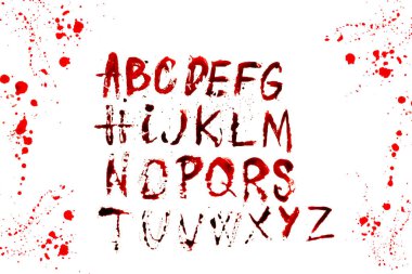 bloody Letters with streaks and blood stains in bloody splatter frame.Halloween alphabet. Letters written in blood. Horror and crime. Crime alphabet