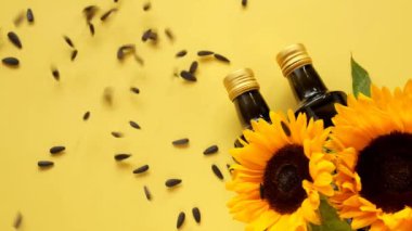 Sunflower oil.Seeds fall slowly on Oil bottles and sunflowers blooming on a bright yellow background.Organic natural farm sunflower oil. Edible oils.top view, copy space. 4k footage
