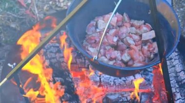 Wood fire and cauldron with food. Meat pieces in a cauldron on burning coals background.Camping cooking. High quality 4k footage