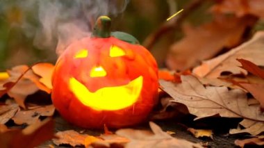 Halloween.Jack pumpkin lantern with sparks and smoke. Burning Pumpkin Jack lantern in the autumn forest..Halloween festive background. Slow motion.Halloween season.