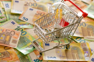 energy Crisis in the EU countries. Electricity cost. Electricity bills.Rising electricity prices in Europe. Light bulb in a shopping cart,euro bills.Saving electricity concept
