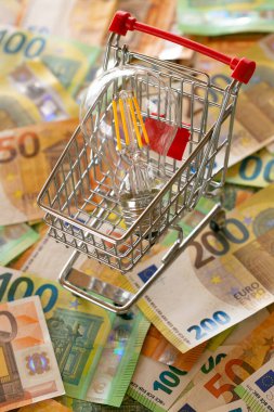 Electricity bills.Rising electricity prices in Europe. Light bulb in a shopping cart,euro bills.Crisis of energy production in the EU countries.Saving electricity concept