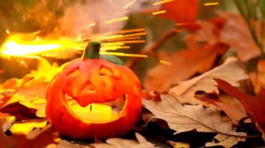 Halloween.Burning Pumpkin Jack lantern in the autumn forest.Pumpkin, brown leaves on stump on sparks and smoke background.Halloween festive background. Slow motion.Halloween season. Festive pumpkin 