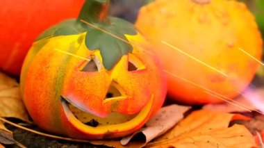 Halloween holiday .Jack lantern with sparks and smoke.Halloween festive background. Slow motion.Halloween season. Festive pumpkin symbol. 4k footage