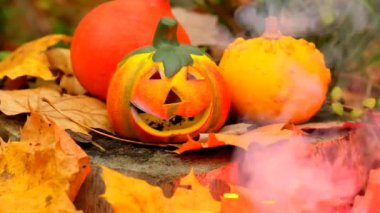 Jack lantern with sparks and smoke.Mystical pumpkin with smoke on stump in the forest. Burning Pumpkin Jack lantern in the autumn forest.Halloween festive background. Slow motion. 4k footage