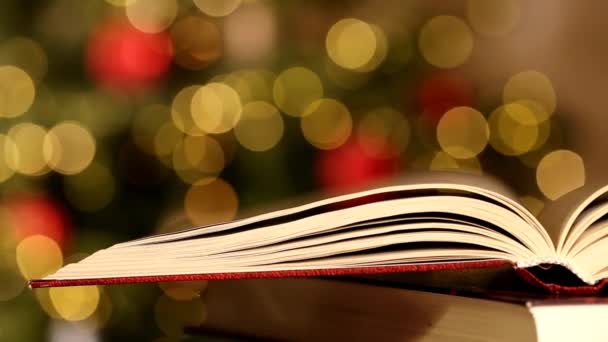 Otwarta Książka Błyszczące Choinki Girlandy Tła Książki Świąteczne Zimowe Książki — Wideo stockowe