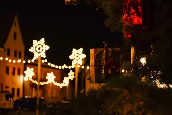 Illumination Festive Allemagne Maisons Colombages Décorations Lumineuses Guirlandes Brillantes Rues — Photo