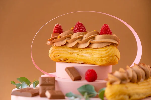 커스터드 케이크에 초콜릿 라즈베리를 곁들인 케이크를 배경에 분홍색 지휘대에 놓는다 — 스톡 사진