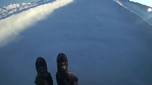 First Person View Child Rides Ice Slide Winter — Stockvideo