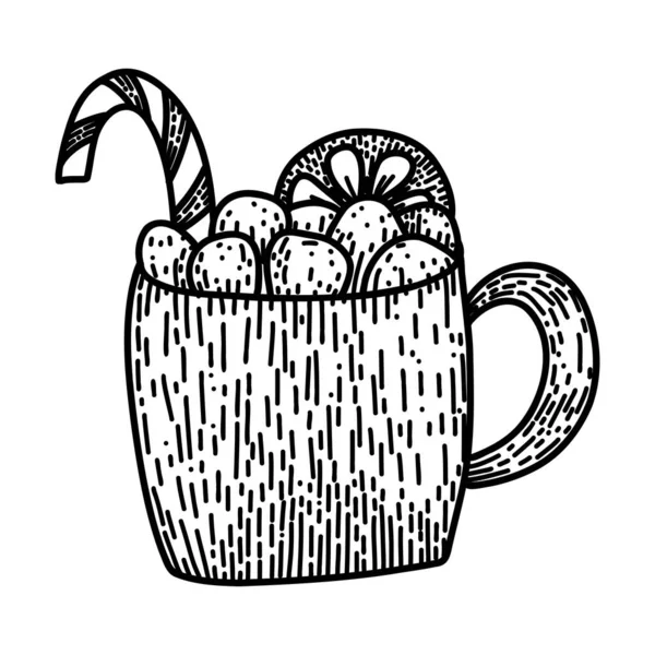Κούπα με ζεστό κακάο, ζαχαροκάλαμο καραμέλα, marshmallows και φέτα πορτοκαλιού ως χριστουγεννιάτικο ποτό σε στυλ σκίτσο. Εικόνα γραμμικού μελανιού — Διανυσματικό Αρχείο