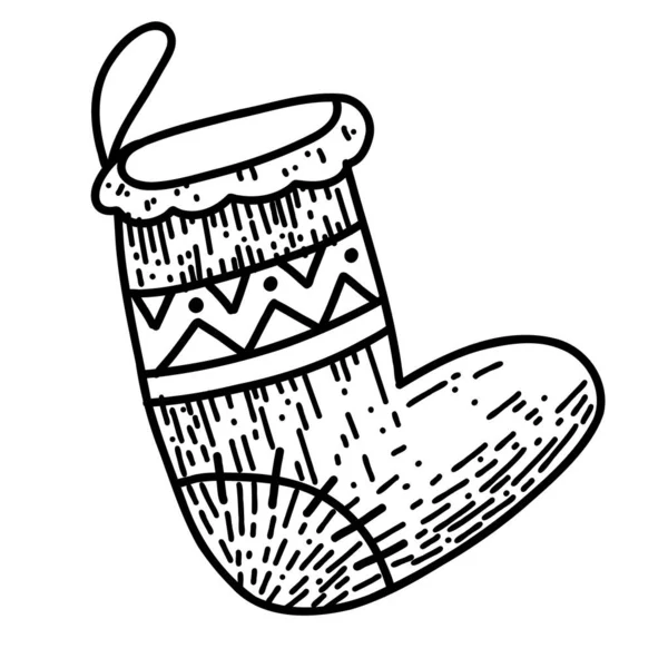Calzino natalizio disegnato a mano in stile cartoon doodle. Schizzo lineare nero illustrazione — Vettoriale Stock