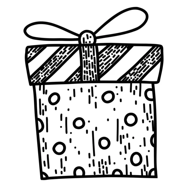 Різдвяний подарунок у мультяшному каракулі. Лінійна чорна ілюстрація в стилі ескізів — стоковий вектор