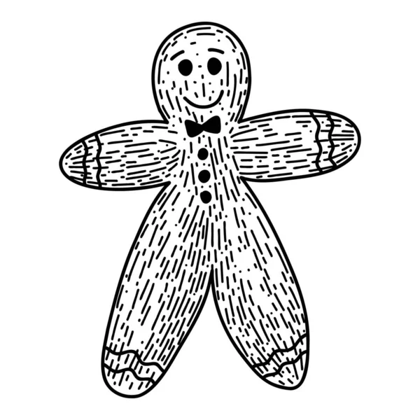 Uomo di pan di zenzero di Natale in stile cartoon doodle. Illustrazione vettoriale lineare — Vettoriale Stock