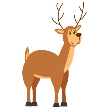 Çizgi film tarzında ren geyiği. Kart, tekstil ve oyun tasarımı için Noel karakteri, çıkartma