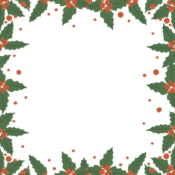 Cadre à partir de feuilles de houx et de baies isolées sur fond blanc avec espace pour le texte. Illustration vectorielle pour les vacances de Noël dans le style dessin animé — Image vectorielle