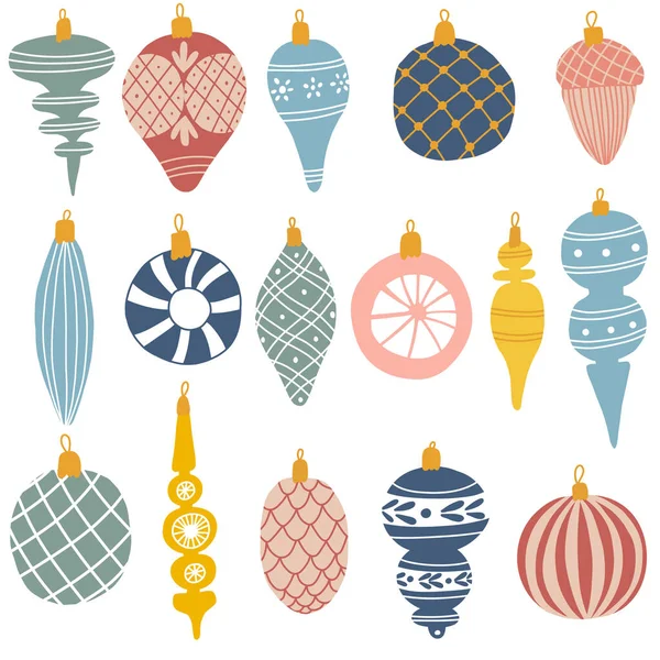 Ensemble d'ornements de Noël colorés dans un style dessiné à la main. Illustration vectorielle des décorations pour le sapin de Noël — Image vectorielle