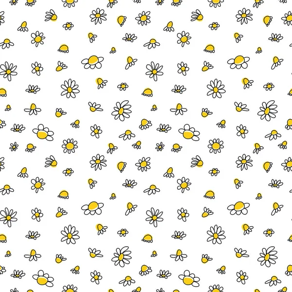 Nahtloses Muster mit kritzelnden schwarzen Gänseblümchen auf weißem Hintergrund. Kamille lineare Tinte Blume Tapete — Stockvektor
