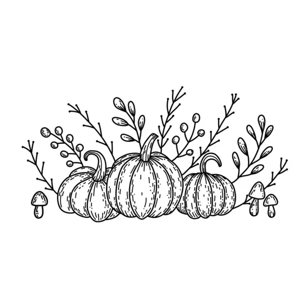 Jesień przytulne martwa natura z doodle zarysu czarne dynie, grzyby, liście i gałęzie izolowane na białym tle akwarela na Święto Dziękczynienia, jesień wektor projektu. — Wektor stockowy
