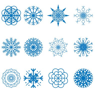 Kış tasarımı için kristal kar taneleri seti. Yılbaşı ve Yeni Yıl elementleriyle vektör illüstrasyonu