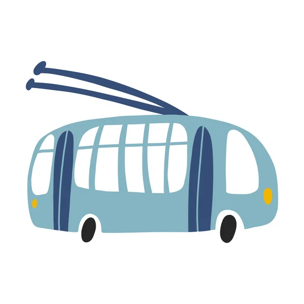 Vektorové ilustrace trolejbusu izolované na bílém pozadí v kresleném kresleném stylu. Dětská transportní ikona v modrých barvách pro dětský oděv, textilní a produktový design, tapety — Stockový vektor