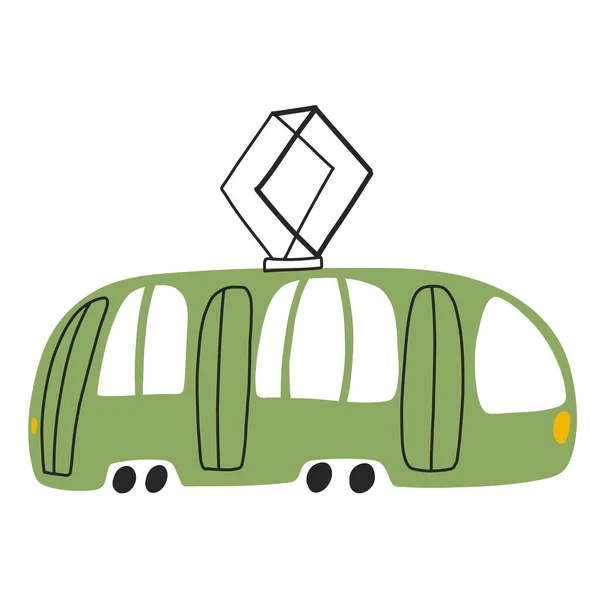 Vektorové ilustrace zelené tramvaje izolované na bílém pozadí v kresleném kresleném stylu. Dětská dopravní ikona pro dětský oděv, textilní a produktový design, tapety, balicí papír — Stockový vektor