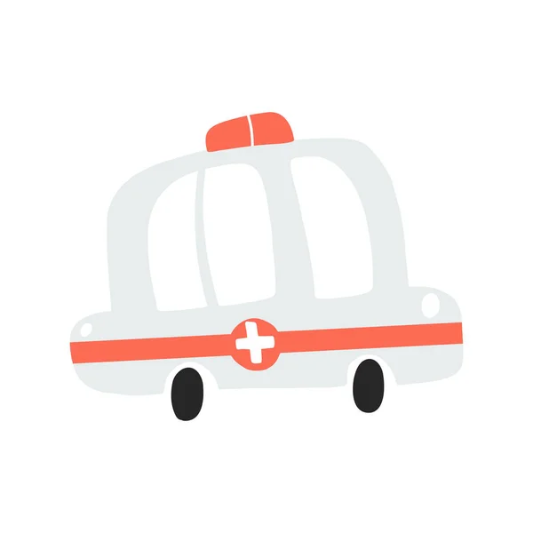 Vektorové ilustrace ambulance auto izolované na bílém pozadí v karikatuře ručně kreslený styl. Dětská dopravní ikona pro dětský oděv, textilní a produktový design, tapety, balicí papír — Stockový vektor