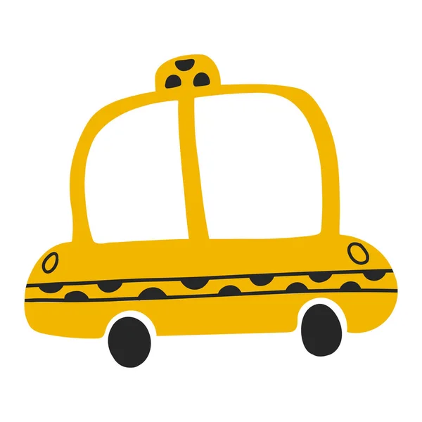 Vektorové ilustrace žluté taxi auto izolované na bílém pozadí v karikatuře ručně kreslený styl. Dětská dopravní ikona pro dětský oděv, textilní a produktový design, tapety, obaly — Stockový vektor