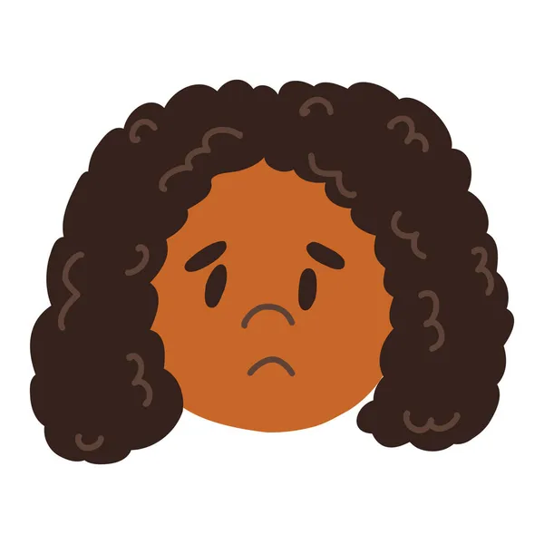 Expressão facial do rosto jovem menina africana em estilo cartoon, ilustrações vetoriais isoladas em fundo branco. Sentimentos de depressão, frustração, tristeza, frustração, perturbação — Vetor de Stock